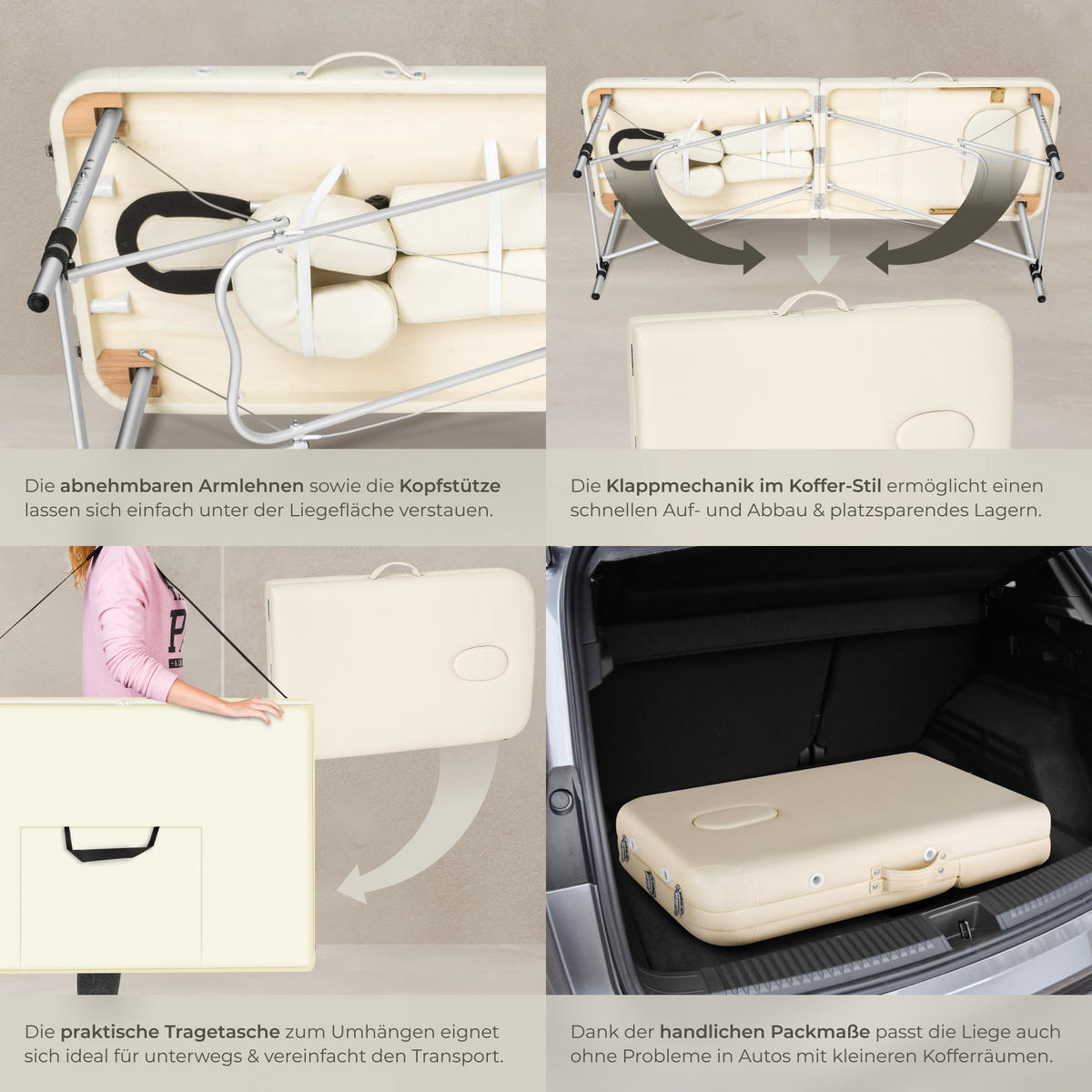 MASSAGELIEGE 3 Zonen, 210 x 95 x 90 cm,beige - Beige, Metall (61/68/180cm) - tectake