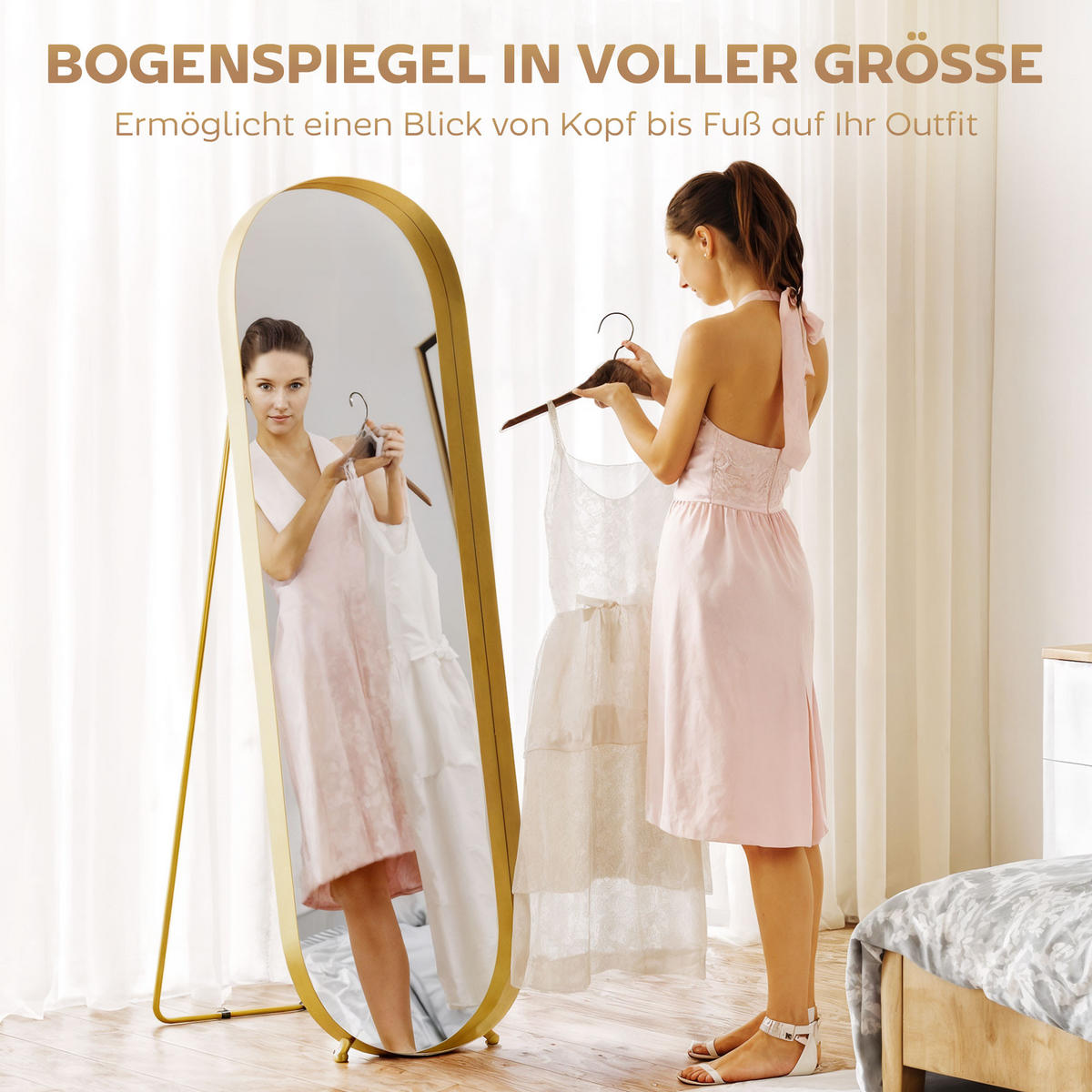 GANZKÖRPERSPIEGEL 160 x 50 cm Gewölbter Standspiegel mit Metallrahmen, Gold - Goldfarben, Metall (6/160/50cm) - HOMCOM