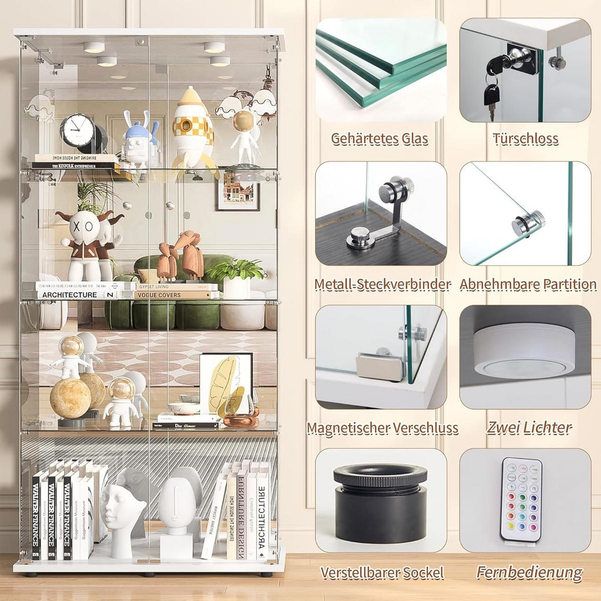 GLASVITRINE LED Vitrinenschrank Weiß mit 2 Tür 4 Etagen mit Schloss und Spiegeleffekt - Weiß, Glas (36.49/163.9/80.49cm) - BPKADHY
