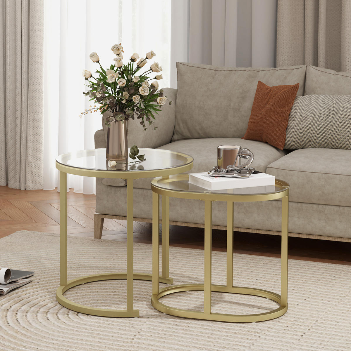 COUCHTISCH-SET 2-teilig Ø 50 x 50,5 cm und 60/36/43,5 cm stapelbar mit Hartglasplatte, Gold - Goldfarben, Metall (50/50/50.5cm) - Modfu