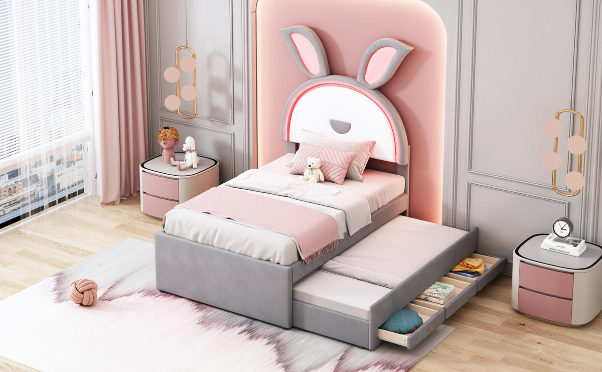 KINDERBETT 90x200 cm LED Rollbett grau - Grau, Textil (90/200cm) - LEBENLANG