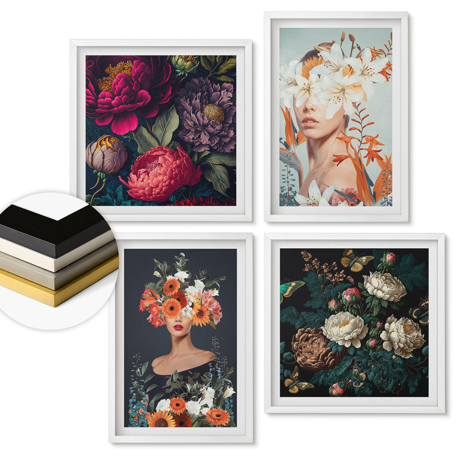 WANDBILDER 4er-Set - 50x50 cm & 40x60 cm Weißer Rahmen - Blumenporträts, Sträuße, Blätter - Weiß, Kunststoff (50/50cm) - ArtPrintCave