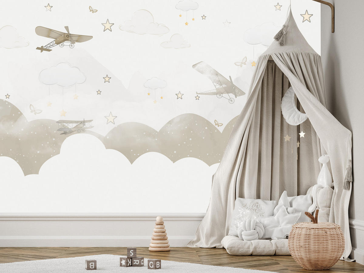 FOTOTAPETE für Kinderzimmer Flugzeuge Wolken Sterne Himmel 300x210 - Gelb/Beige, Papier (300/210cm) - Muralo