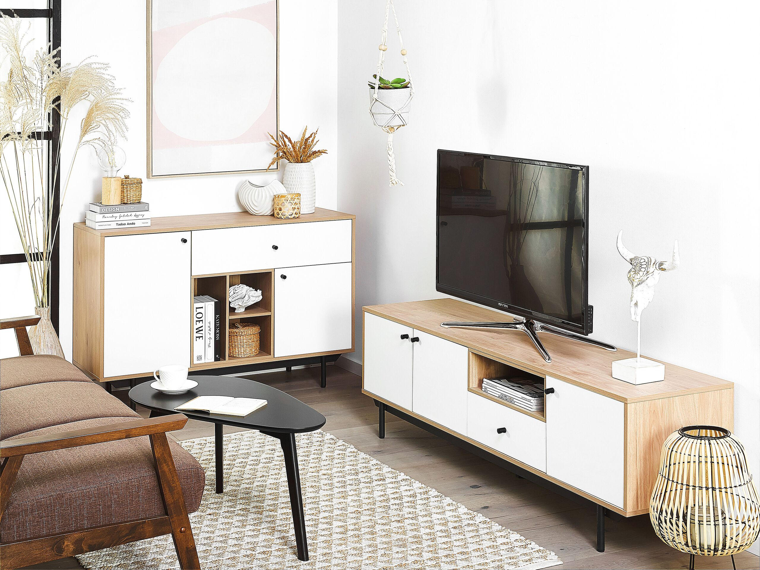 TV-MÖBEL Hellbraun, Weiß, Schwarz ITACA 40/163/50 cm - Hellbraun, Holzwerkstoff (163/50/40cm) - Beliani