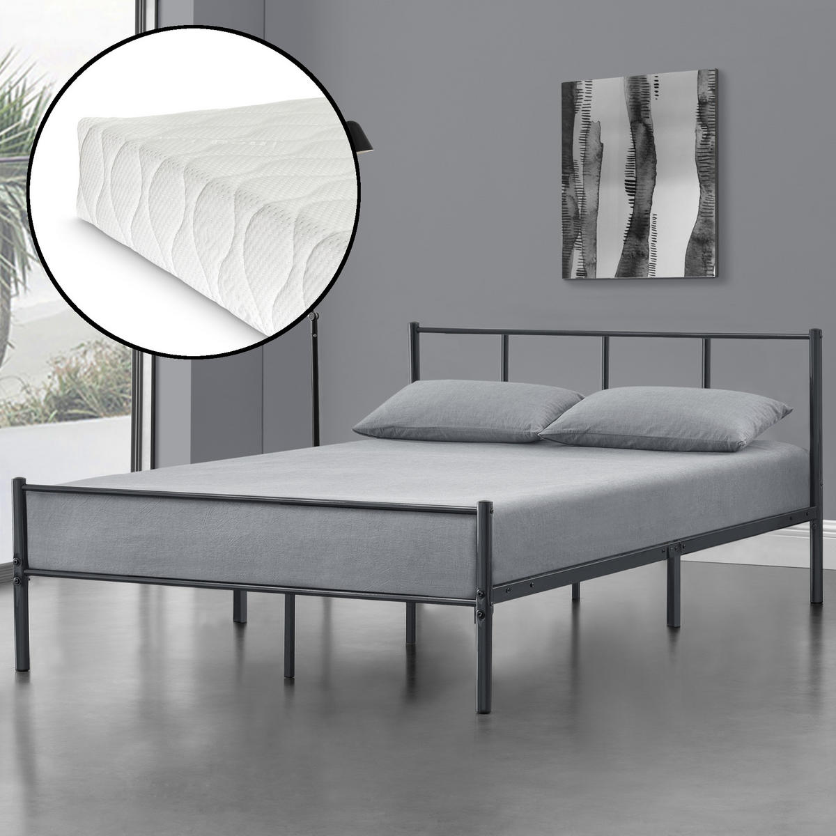 METALLBETT Laos mit Matratze - Dunkelgrau, Textil/Metall (120/200cm) - [en.casa]