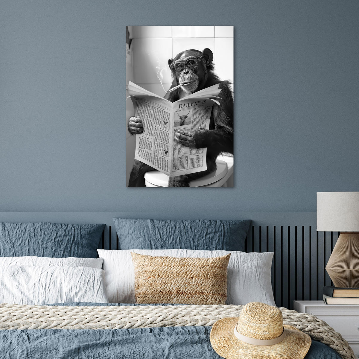 POSTER Affe - WC - Zeitung - Schwarz-Weiß - Humor 40x60 cm - Hellgrau, Papier (40/60/0.1cm) - MuchoWow