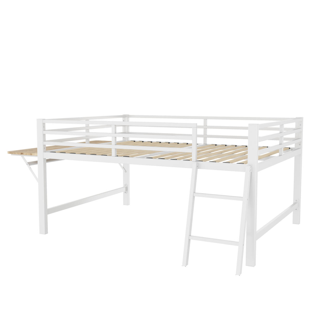 HOCHBETT 140/200 cm Metallbett mit Schreibtisch und LED-Beleuchtung weiß - Weiß, Metall (140/200cm) - OKWISH