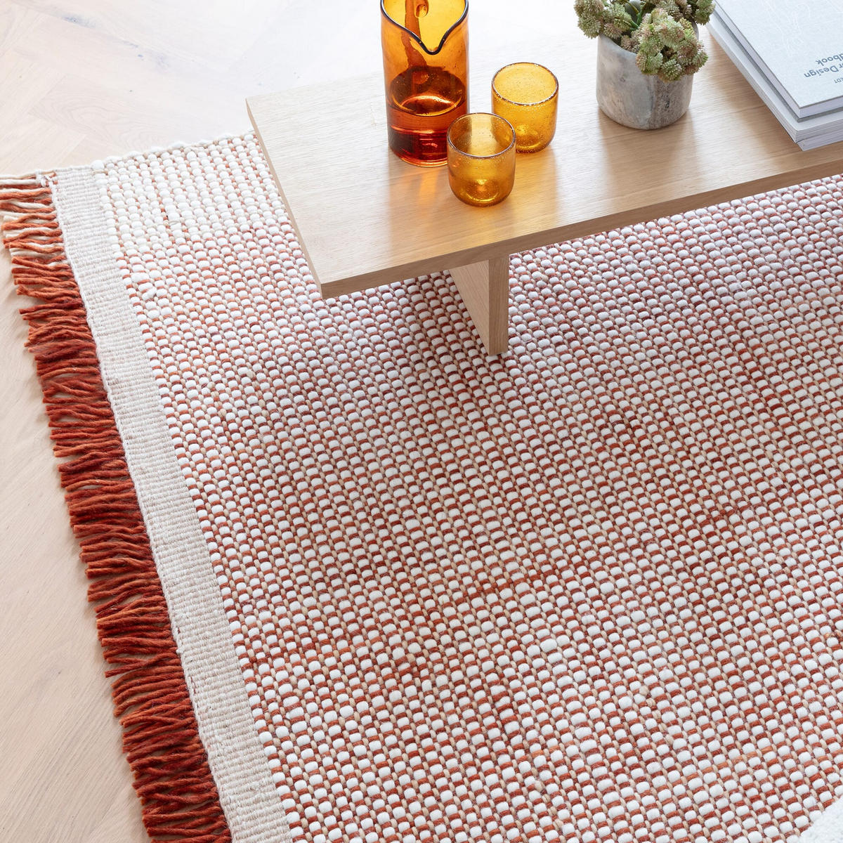 TEPPICH Wolle handgewebt mit Korbmuster Fransen PISA, Terrakotta 120x170 cm - Terra cotta, Textil (120/170cm) - KADIMA DESIGN