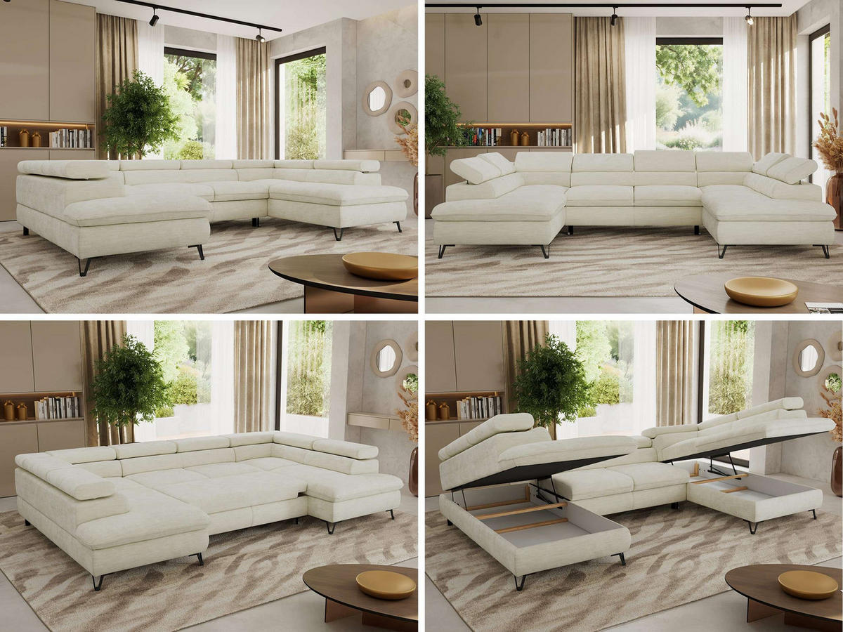 WOHNLANDSCHAFT PABLO U Schenille glatt Creme mit Topper T25 - Creme/Schwarz, Textil/Metall (346/76/208cm) - MKS