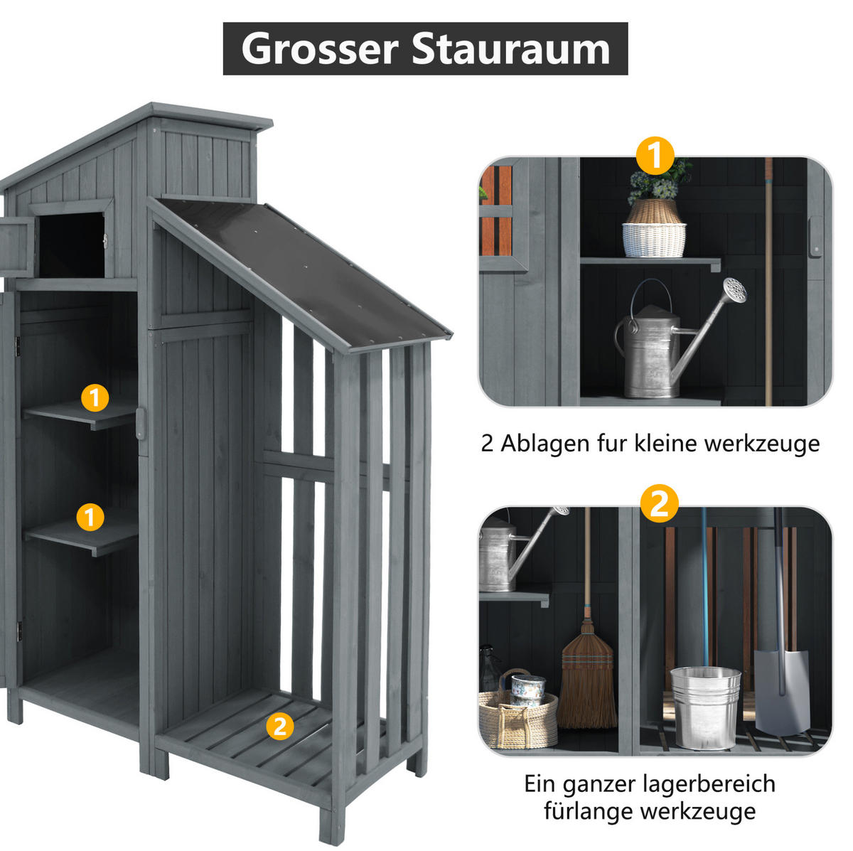 GARTENSCHRANK aus Massivholz 124x46x174 cm in Grau mit 2 Ablagen - Grau, Holz (46/174/124cm) - Modfu
