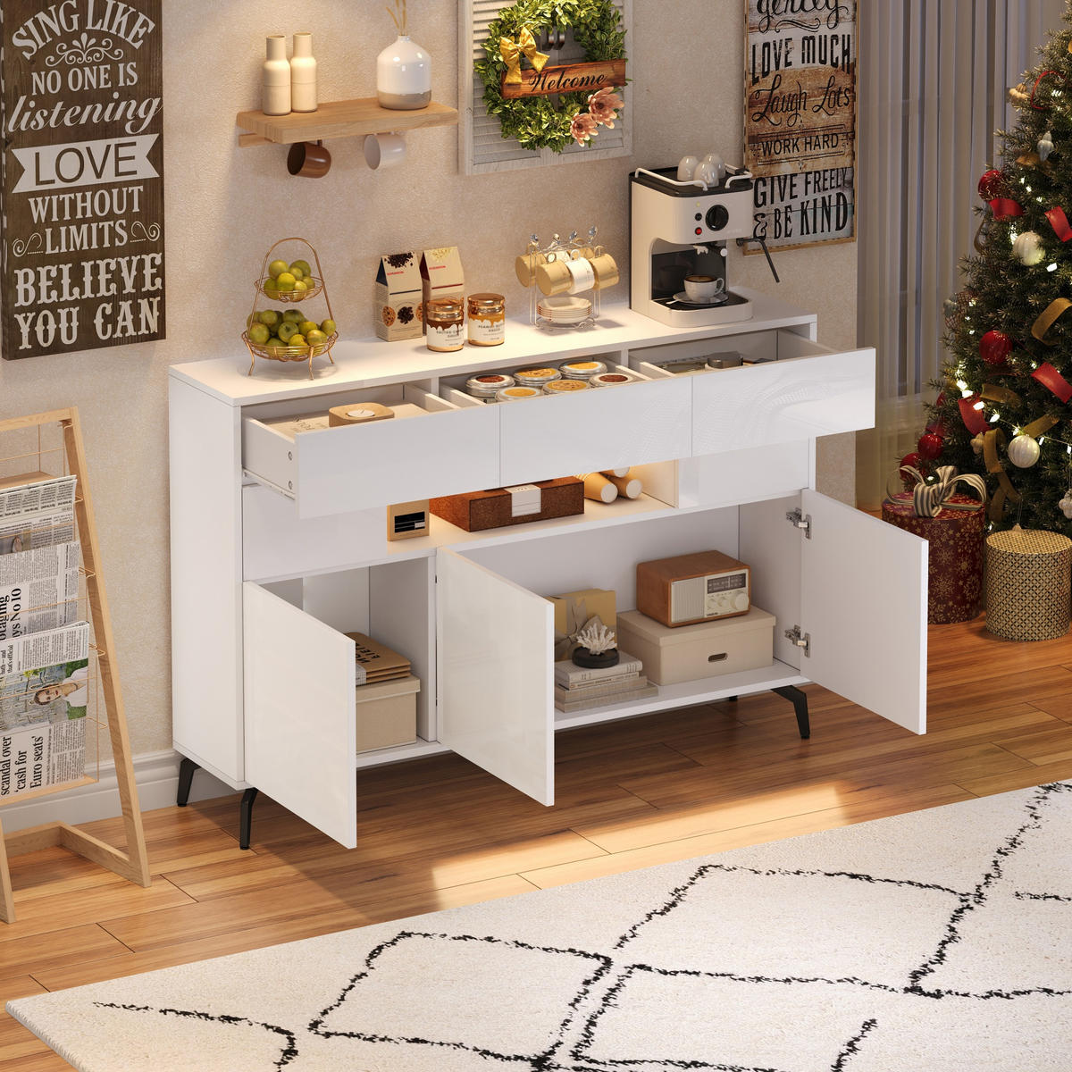 SIDEBOARD LED Weiß 3 Schubladen 5 Türen 140x30x94cm Hochglanz - Weiß, Holzwerkstoff (30/94/140cm) - FLIEKS