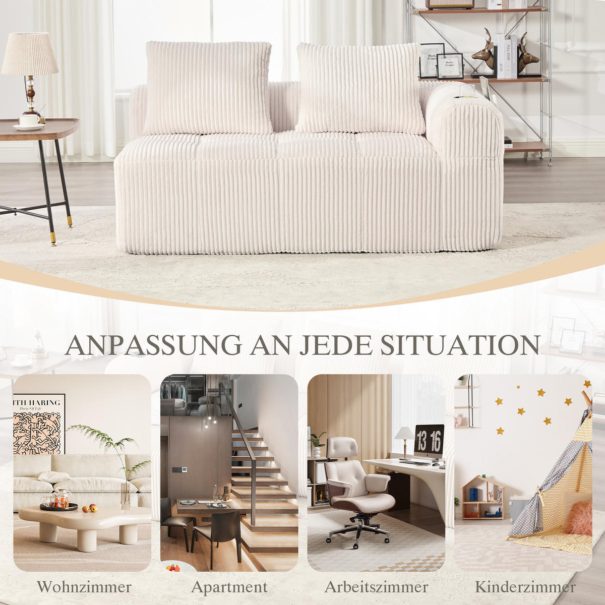 CHAISELONGUE in Cord Übergroßer Relaxsessel mit Seitentaschen - Beige, Textil (158/61/93cm) - Urban Meuble