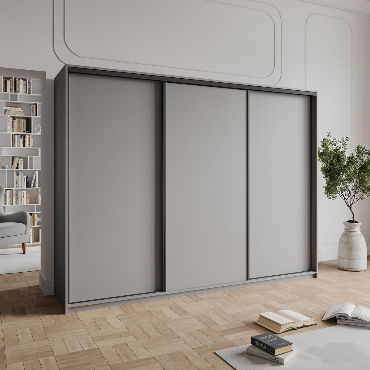 SCHWEBETÜRENSCHRANK NISSE 270/205/60 cm 3-türig Graphitfarben - Graphitfarben, Holzwerkstoff (270/205/60cm) - MASSENO