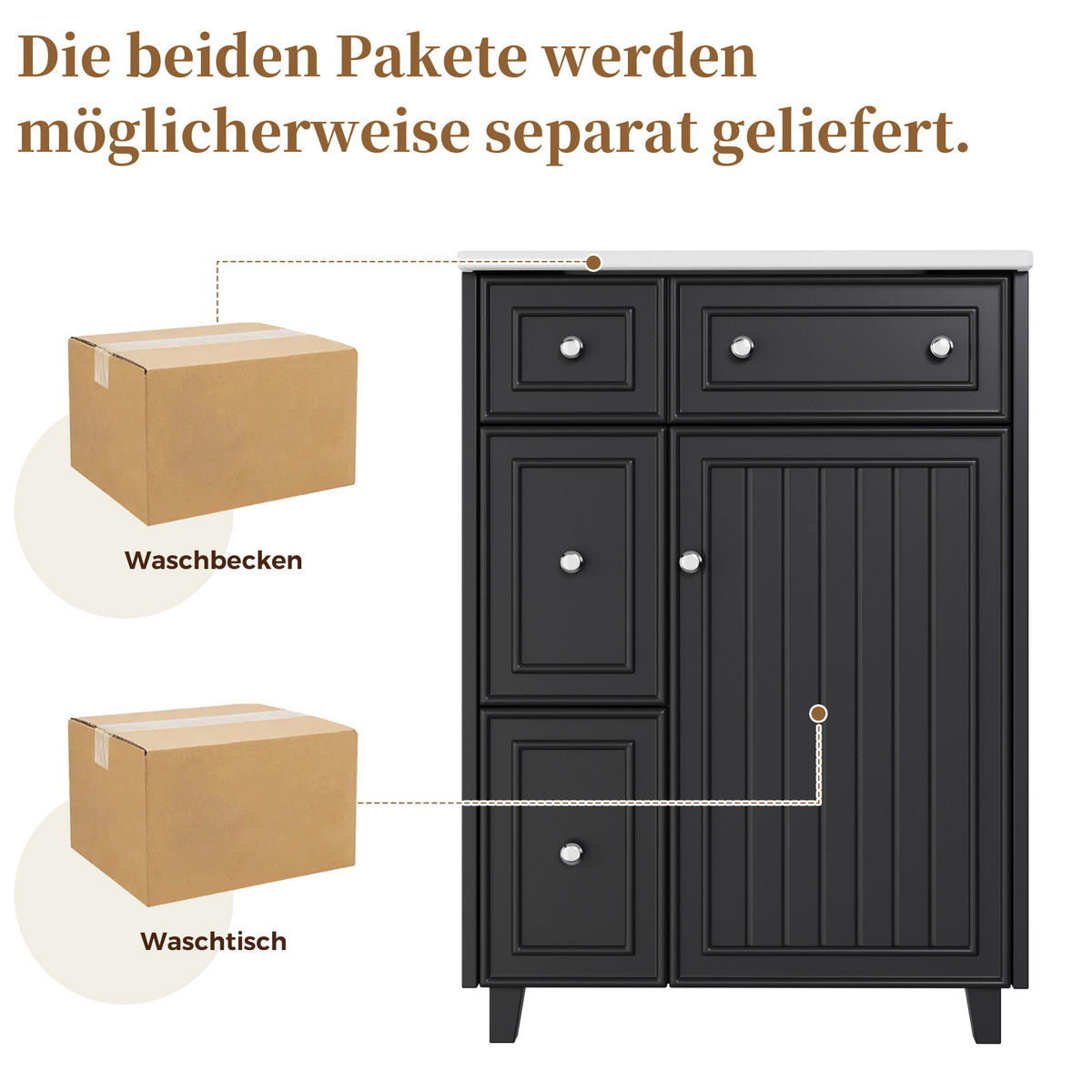 WASCHTISCHKOMBI 61/47/87 cm Schwarz mit 3 Schubladen, ohne Wasserhahn - Edelstahlfarben/Schwarz, Holz/Holzwerkstoff (47/87/61cm) - Oxeza