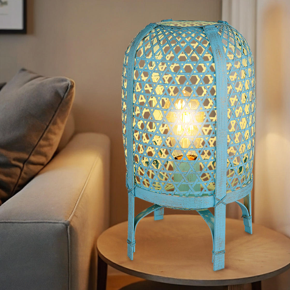 LED TISCHLEUCHTE Bambus Blau - Blau, Holz (22/22/37cm) - Globo Lighting