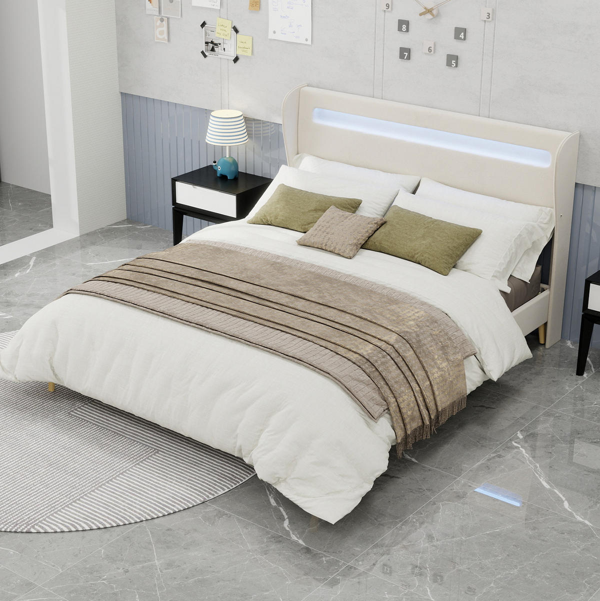 POLSTERBETT 160/200 cm beige aus Stoff und Metall mit LED und verstellbarer Rückenlehne - Beige, Textil (160/200cm) - OKWISH