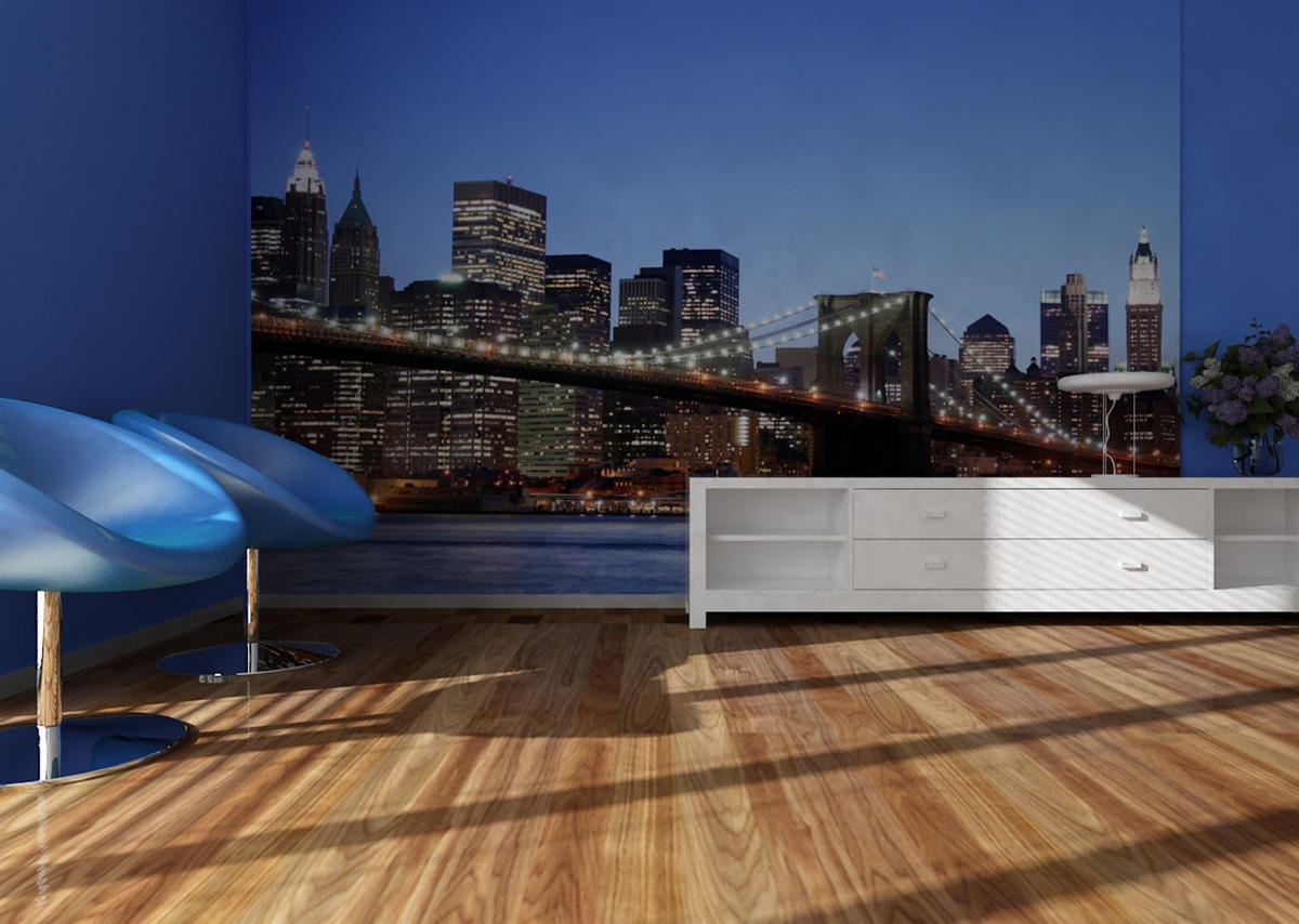 FOTOTAPETE Brooklyn Bridge New York 375 x 270 cm - Blau, Papier (375/270cm) - Sanders & Sanders