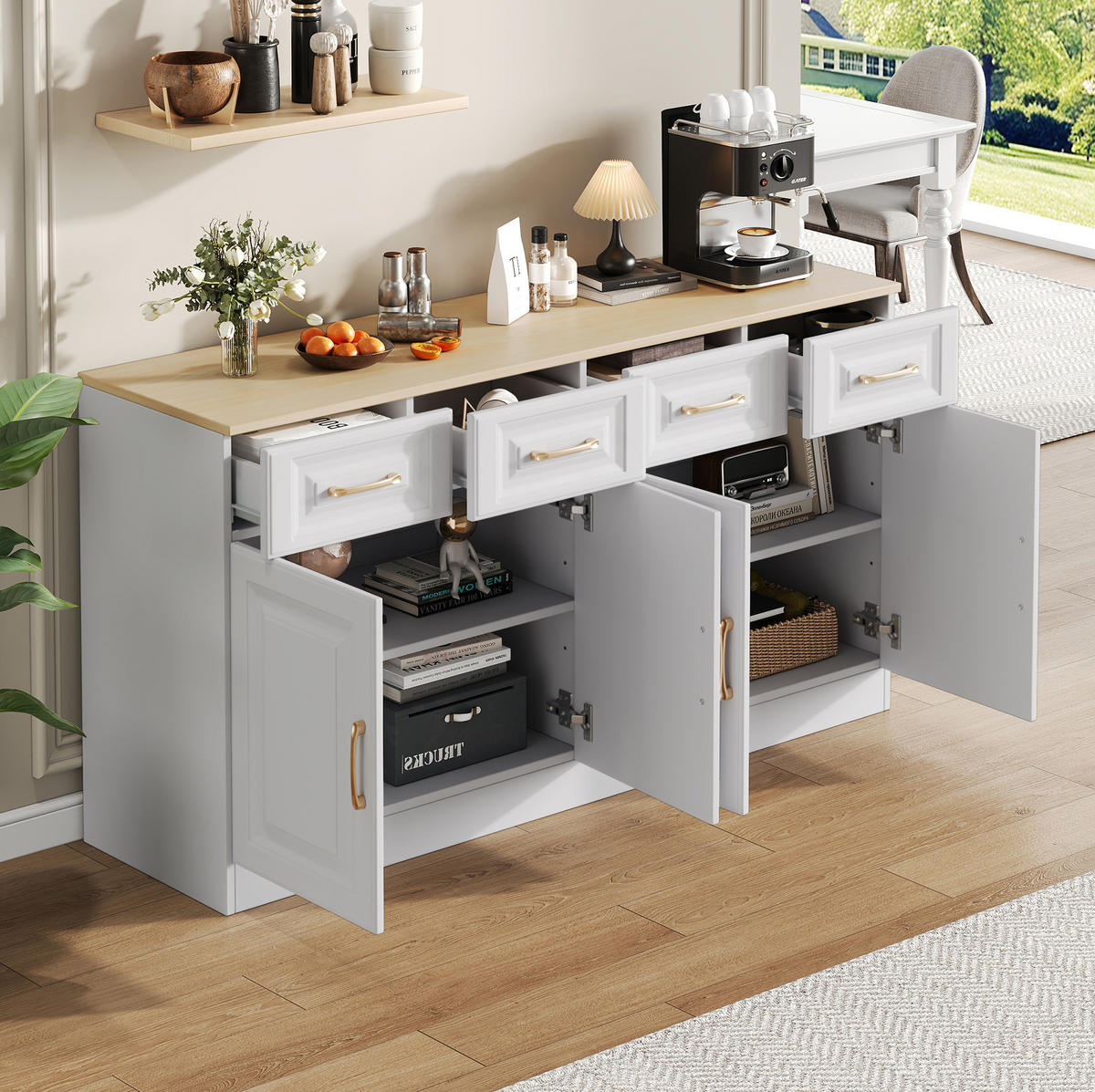SIDEBOARD 140/40/75 cm in Weiß/Eiche mit 4 Schubladen und 4 Türen - Weiß, Holzwerkstoff (140/75/40cm) - Flora Grace
