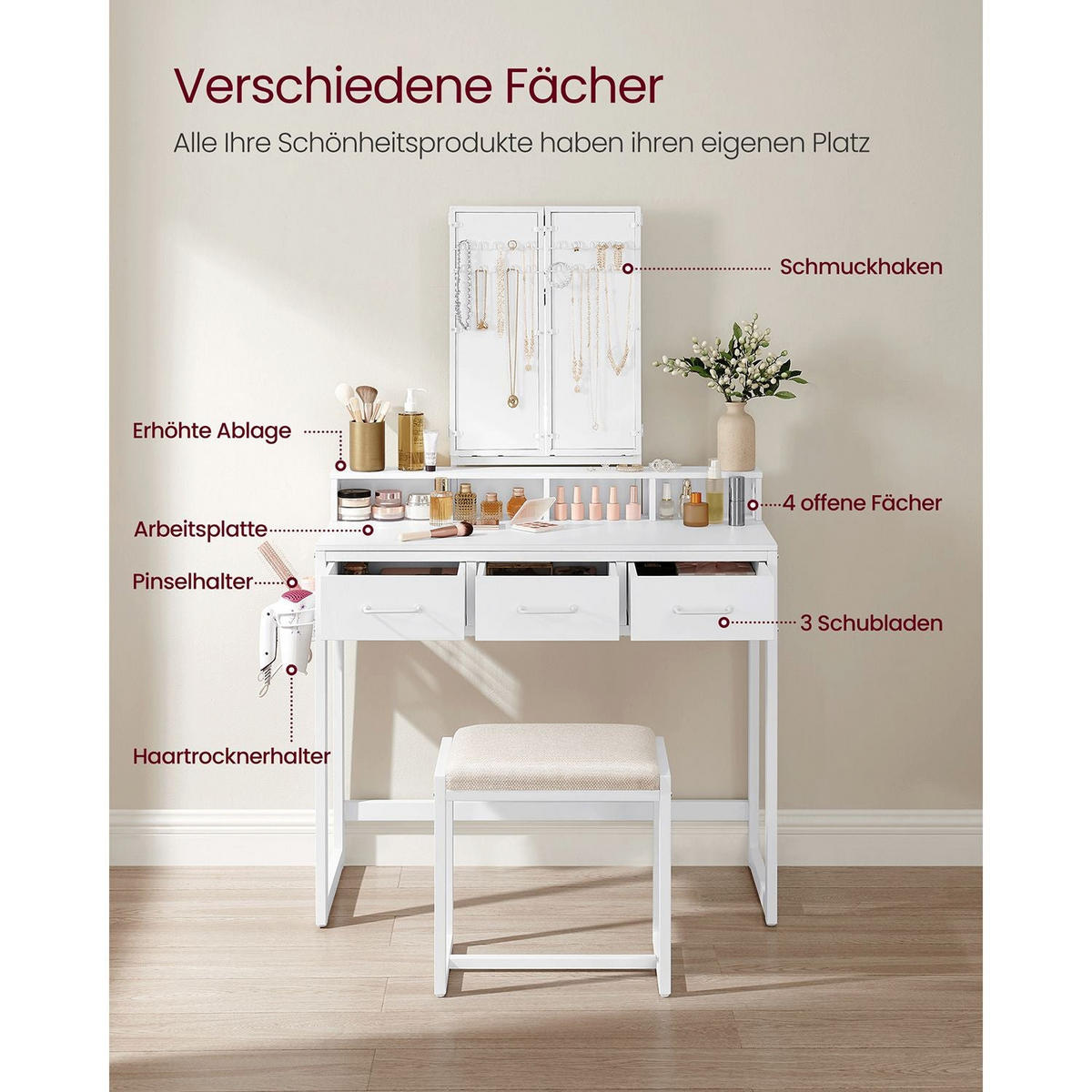SCHMINKTISCH KINGSTOWN - Weiß, Glas (90/141/40cm) - Hansiro