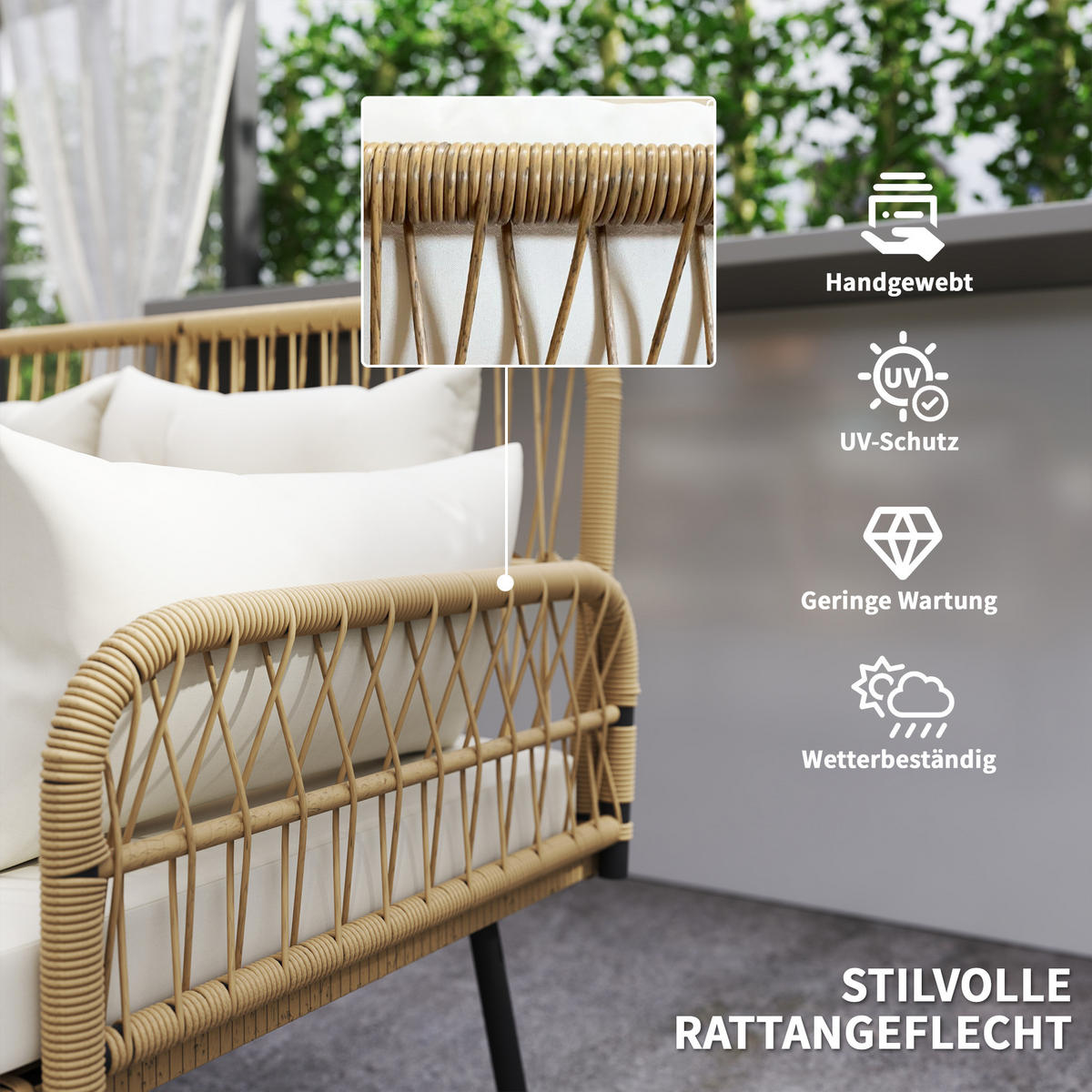 RATTANSOFA 2-Sitzer mit Auflagen Weiß 115/61/82 cm - Beige/Schwarz, Textil/Metall - Outsunny