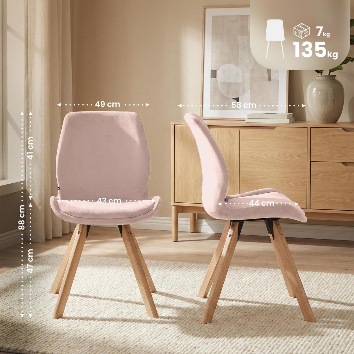 STUHL 2er Set Samt Pink - Pink/Eukalyptusholzfarben, Holz/Textil (49/87/58cm) - CLP