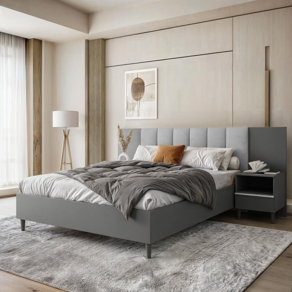 POLSTERBETT Lectus 166/211/108 mit 2 Nachttischen grau - Graphitfarben/Grau, Holzwerkstoff/Textil (160/200cm) - Beautysofa