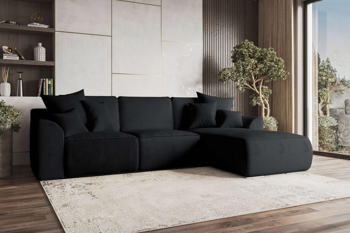 ECKSOFA GUSTO Cordstoff Schwarz Rechts inkl. Schlaffunktion - Chromfarben/Schwarz, Kunststoff/Textil (295/194cm) - 99rooms