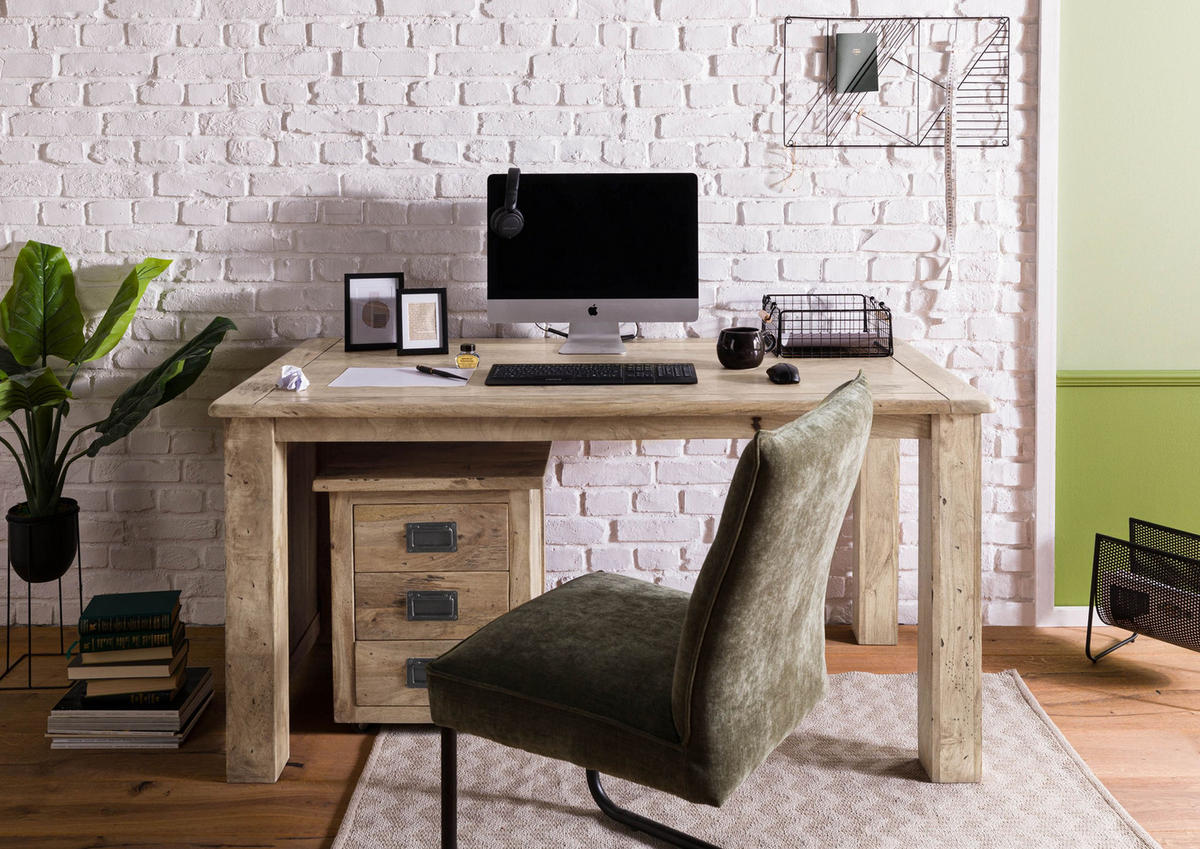 SCHREIBTISCH Mango 160x80x80 whitewash lackiert RAILWAY #3004 - Beige, Holz (80/160/80cm) - Massivmoebel24