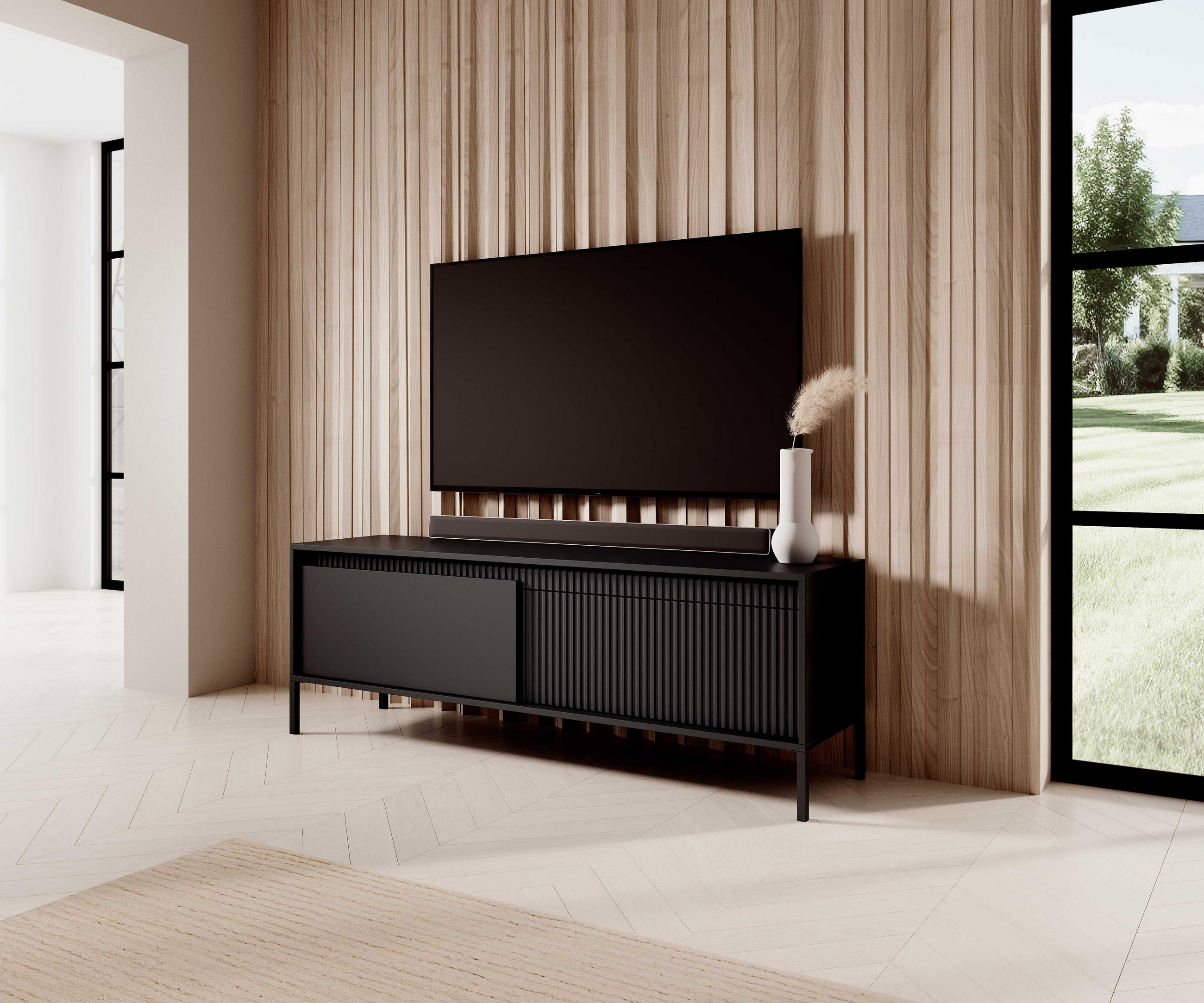 TV LOWBOARD SENSO Geriffelte MDF-Fronten, Push-to-Open, Metallbeine, 153x53,4x39,5 cm, Schwarz - Schwarz, Holz/Holzwerkstoff (154/54/40cm) - DomoHome