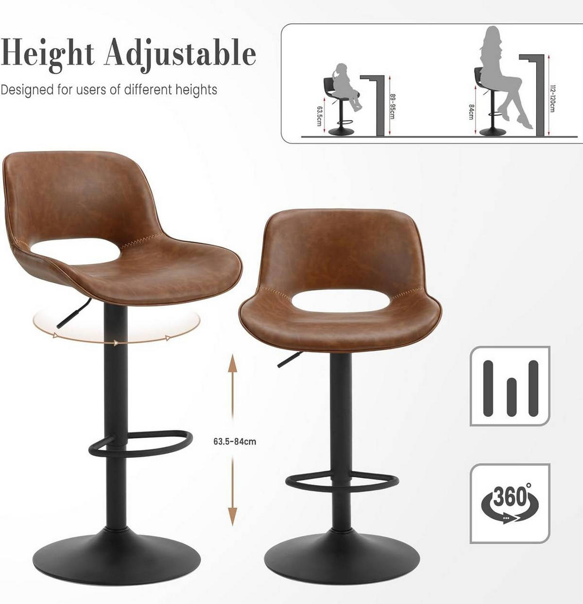 BARHOCKER 4er Set, Kunstleder Metall, Braun - Schwarz/Braun, Kunststoff/Metall (49/84/49cm) - Woltu