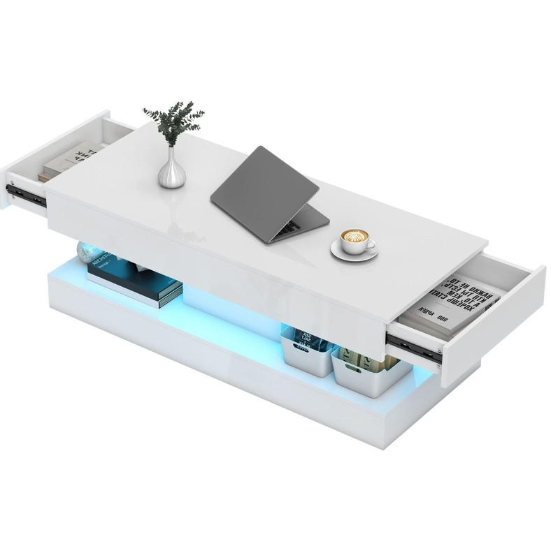KONFERENČNÍ stolek 120/50/42 cm bílý z dřeva s LED osvětlením a 2 zásuvkami - bílá, dřevo (120/50/42cm) - OKWISH