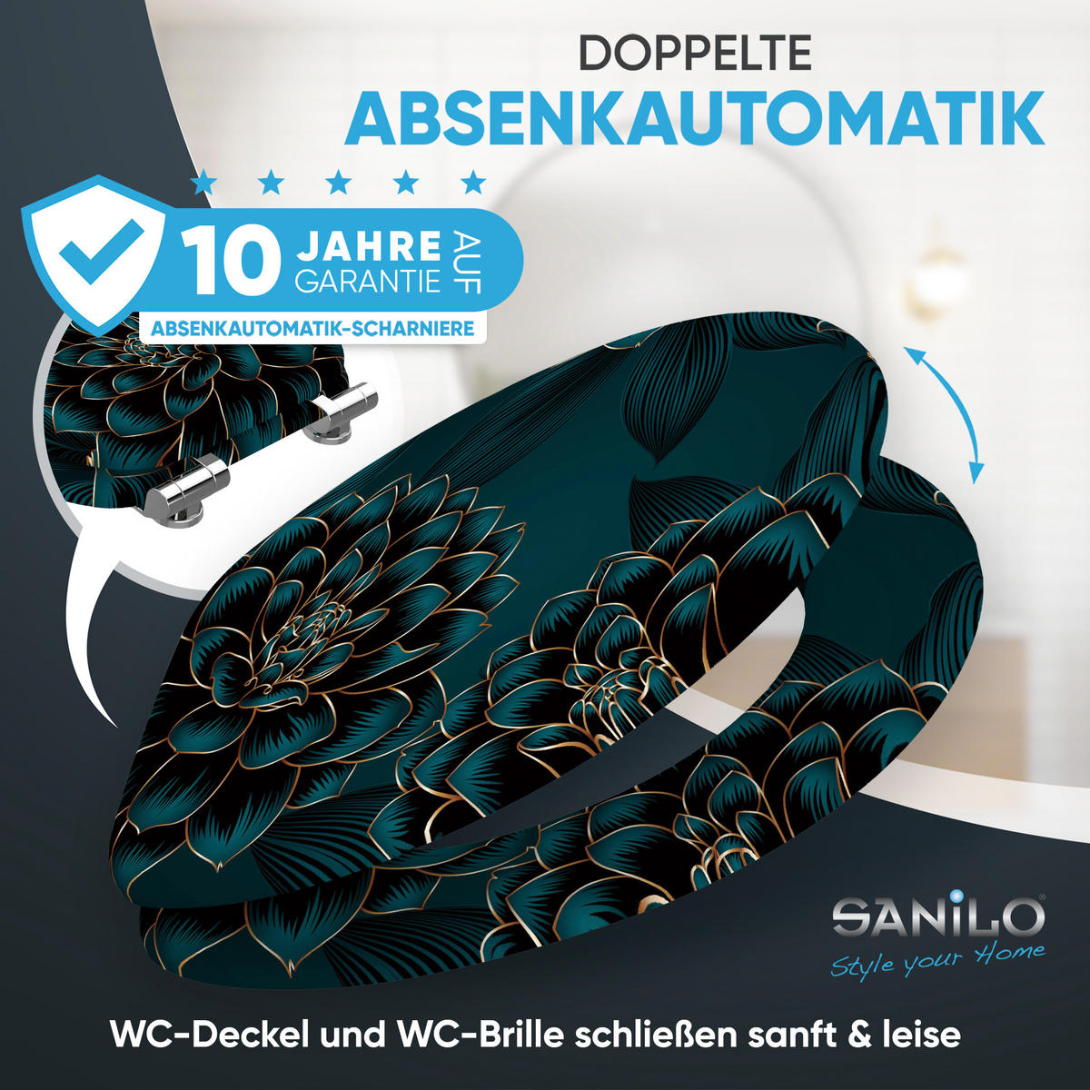 WC Sitz mit Absenkautomatik Dahlien - Blau, Holzwerkstoff (38/6/47cm) - Sanilo