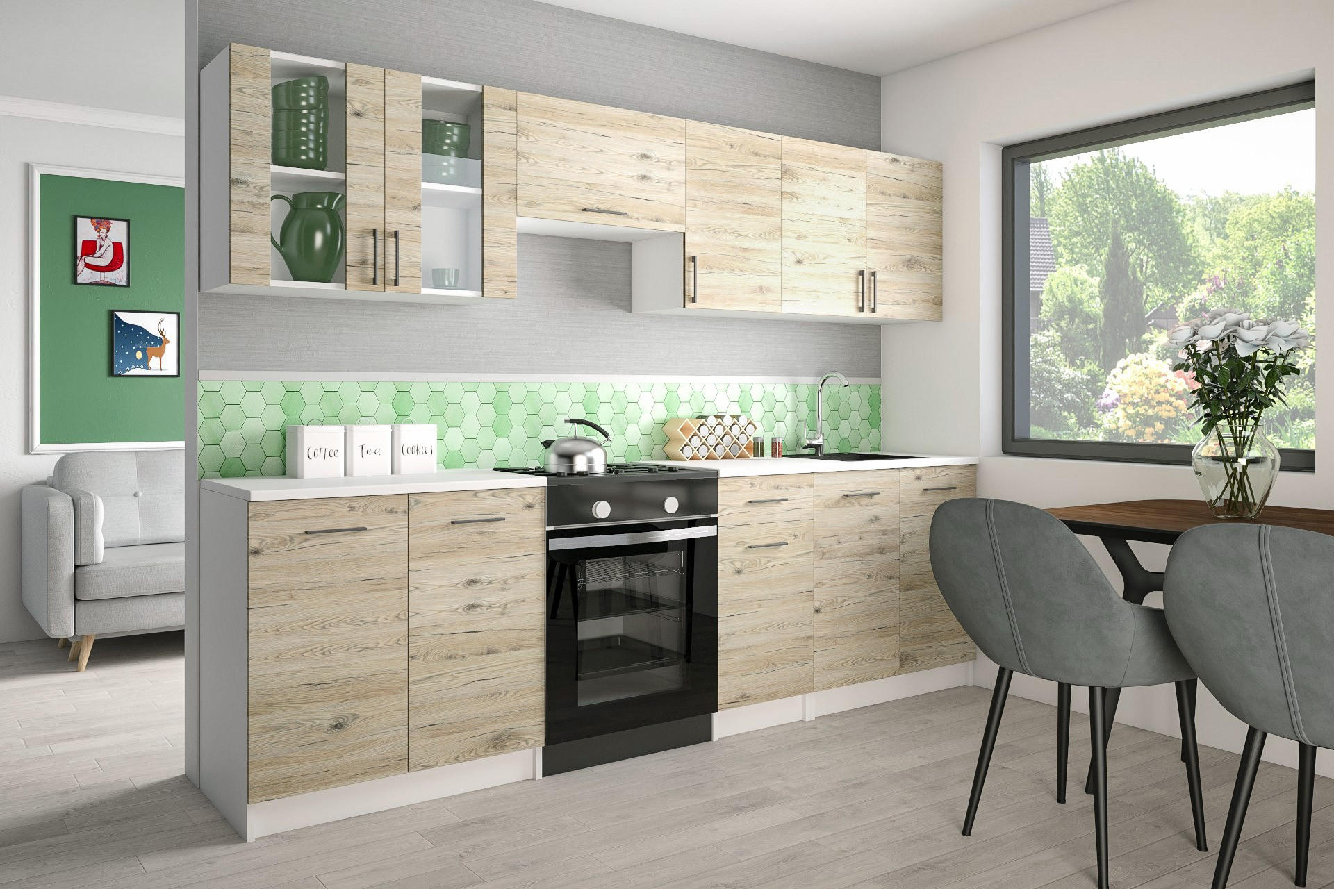 KÜCHENZEILE LECO 260 eiche bordeaux - Bordeaux, Holzwerkstoff (260/82/46cm) - roe furniture