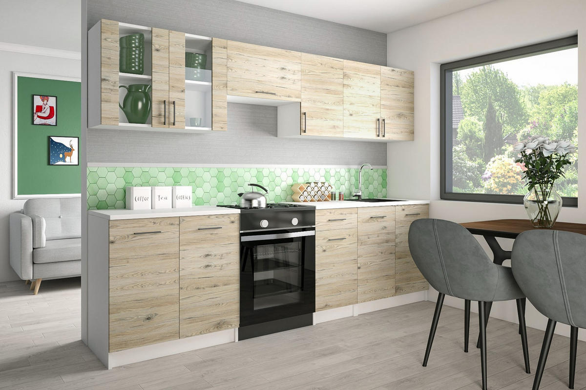 KÜCHENZEILE LECO 260 eiche bordeaux - Bordeaux, Holzwerkstoff (260/82/46cm) - roe furniture