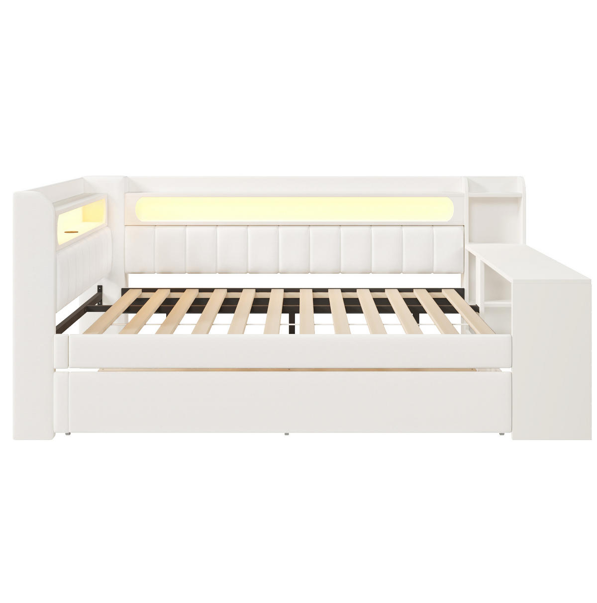 POLSTERBETT aus MDF 140x200 cm Weiß mit LED-Beleuchtung, USB-Anschluss, Ausziehbett und Schreibtisch - Weiß, Holzwerkstoff (140/200cm) - Modfu
