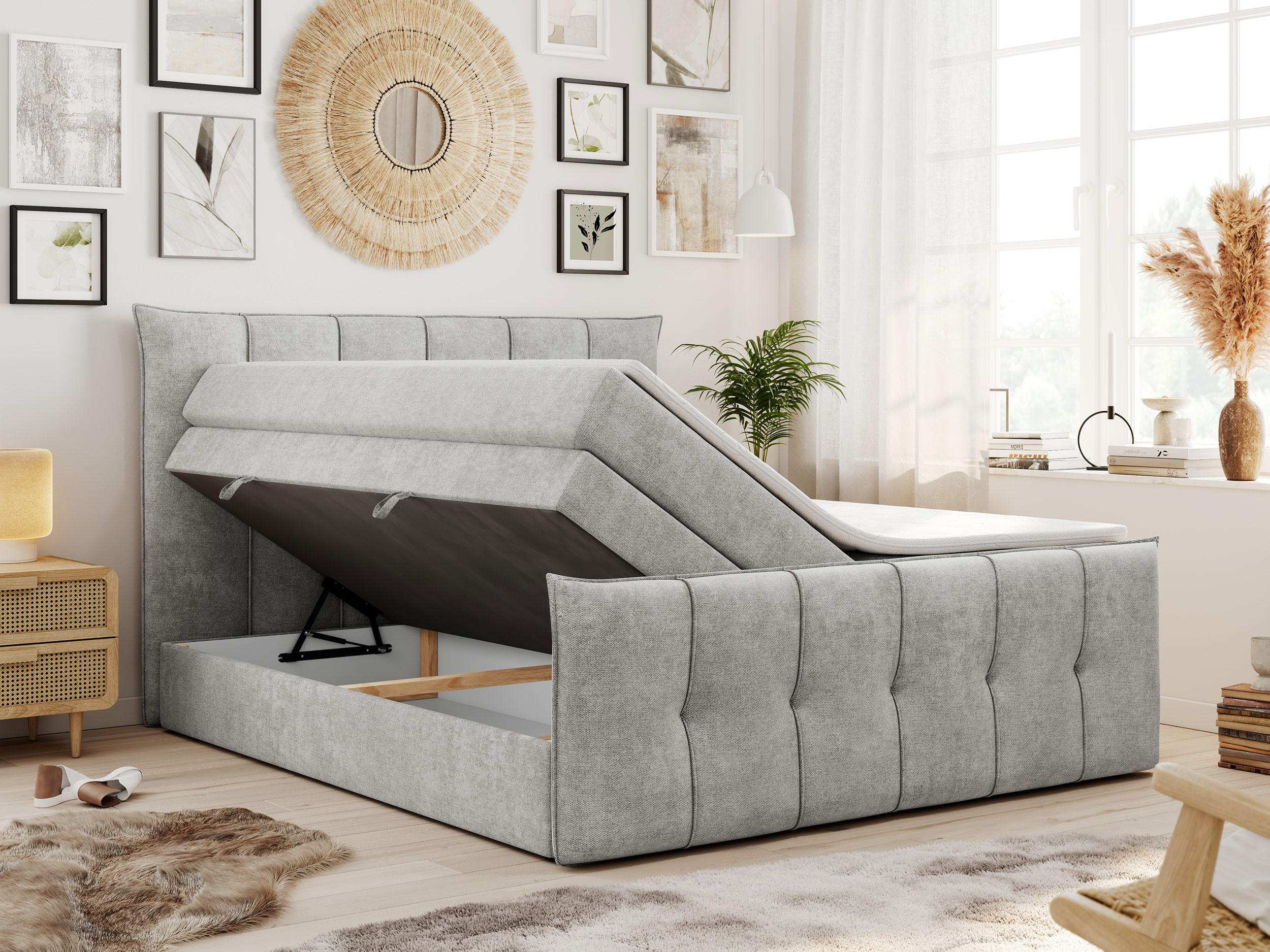 Thumbnail - MKS Boxspringbett, Hellgrau, Textil, 2-Sitzer, H3, Rechteckig, 120x200 cm, Schlafzimmer, Betten, Boxspringbetten
