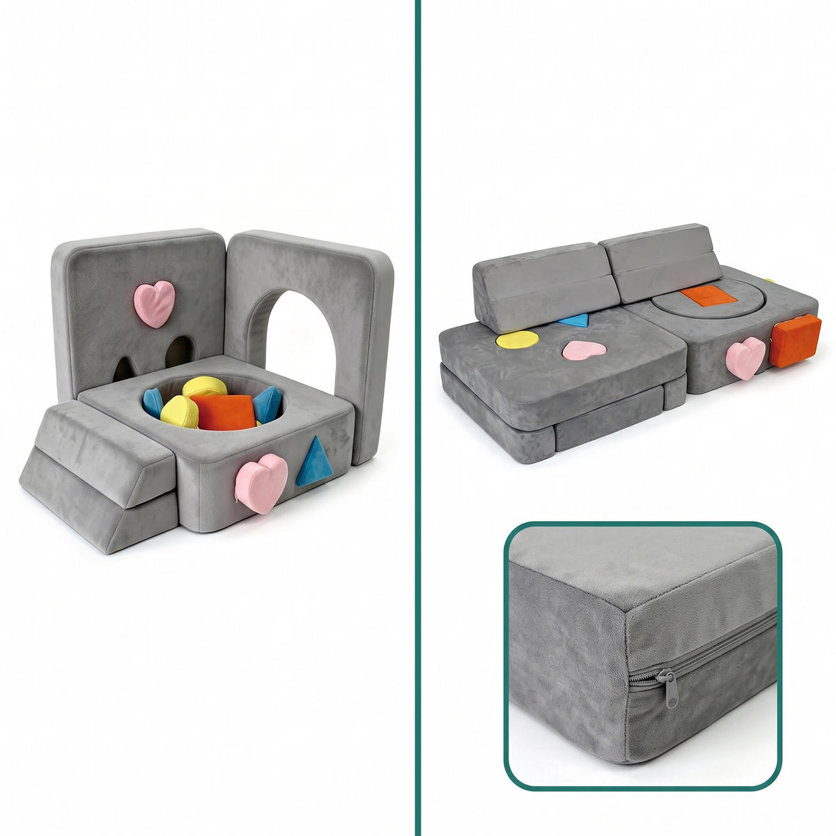 KAVČ antracit otroški modularen 18-delni set pena - siva, umetna masa/tekstil (130/40/65cm) - Relaxdays