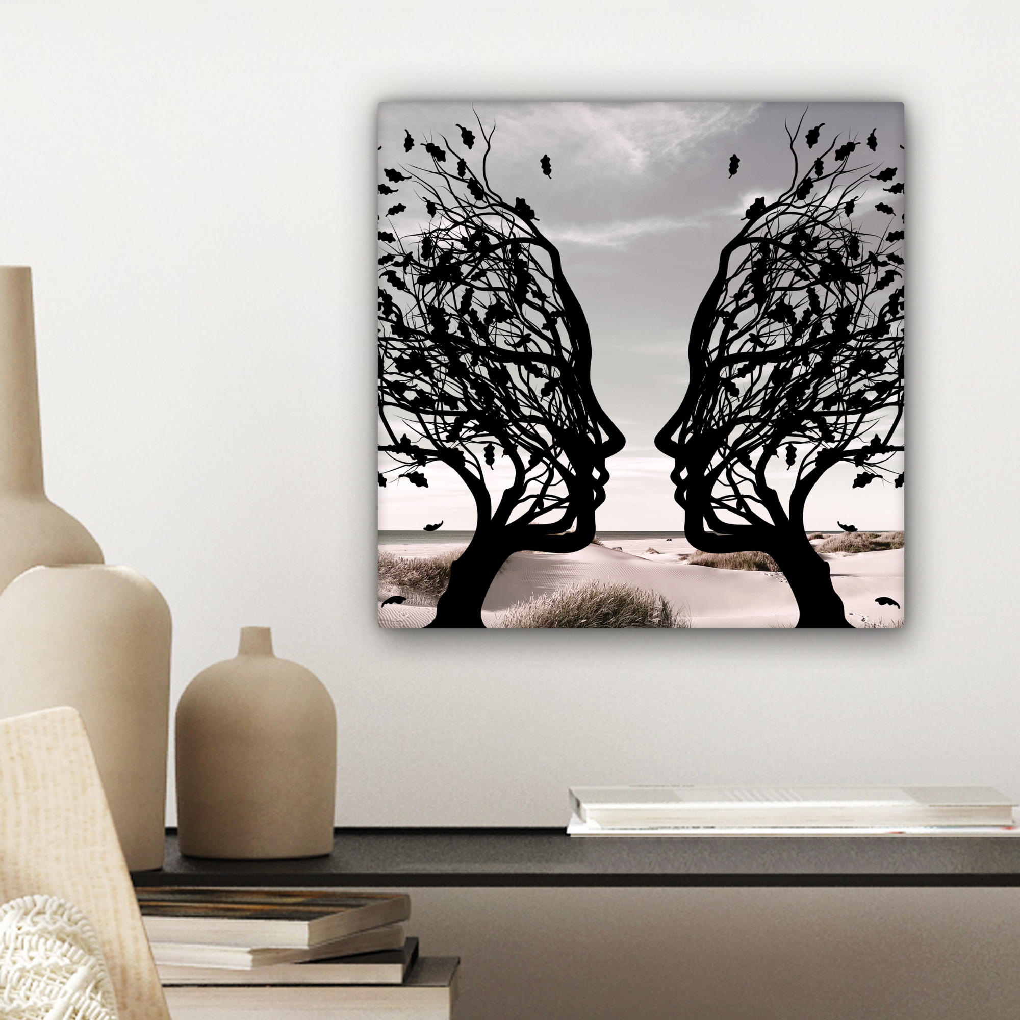 LEINWANDBILD Strand - Meer - Menschen - Baum - Moderne Kunst 20x20 cm - Hellgrau, Textil (20/20cm) - MuchoWow