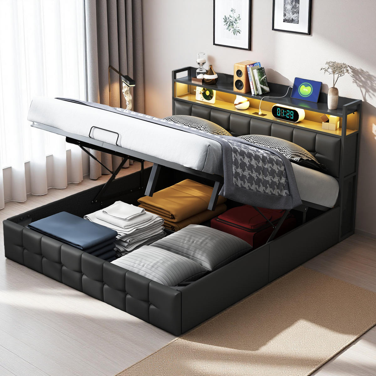 POLSTERBETT 140x190 cm LED Kopfteil Lattenrost PU Leder schwarz - Schwarz, Holz (140/190cm) - LEBENLANG