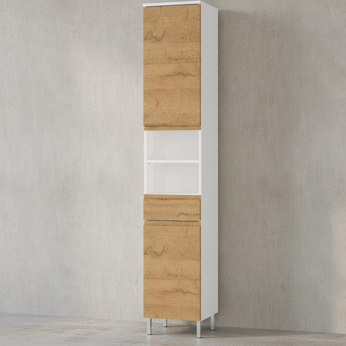 HOCHSCHRANK Weiß und Eiche Grandson 34x190x34cm mit Schublade, verstellbaren Fächern und Chromfüßen VEER - Weiß, Holz/Metall (34/190/34cm) - KADIMA DESIGN