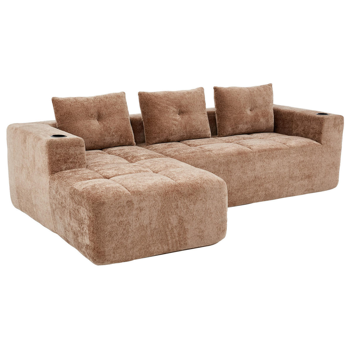 ECKSOFA 258 cm mit Becherhaltern, tiefem Sitzkomfort und Chenille-Bezug, Hellbraun - Hellbraun, Textil (258/163cm) - Redom