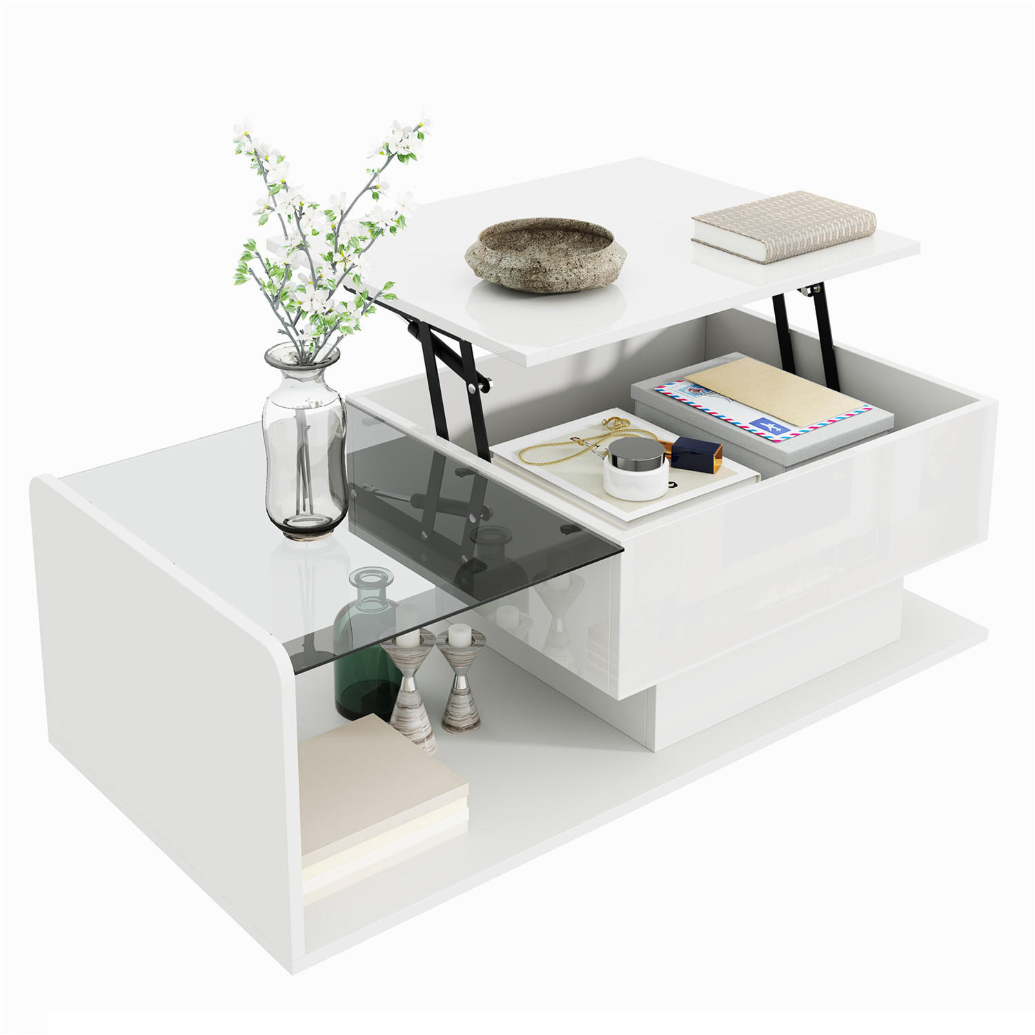 COUCHTISCH Hochglanz Glas LED Weiß - Weiß, Holz (100/50/47.5cm) - Kaket