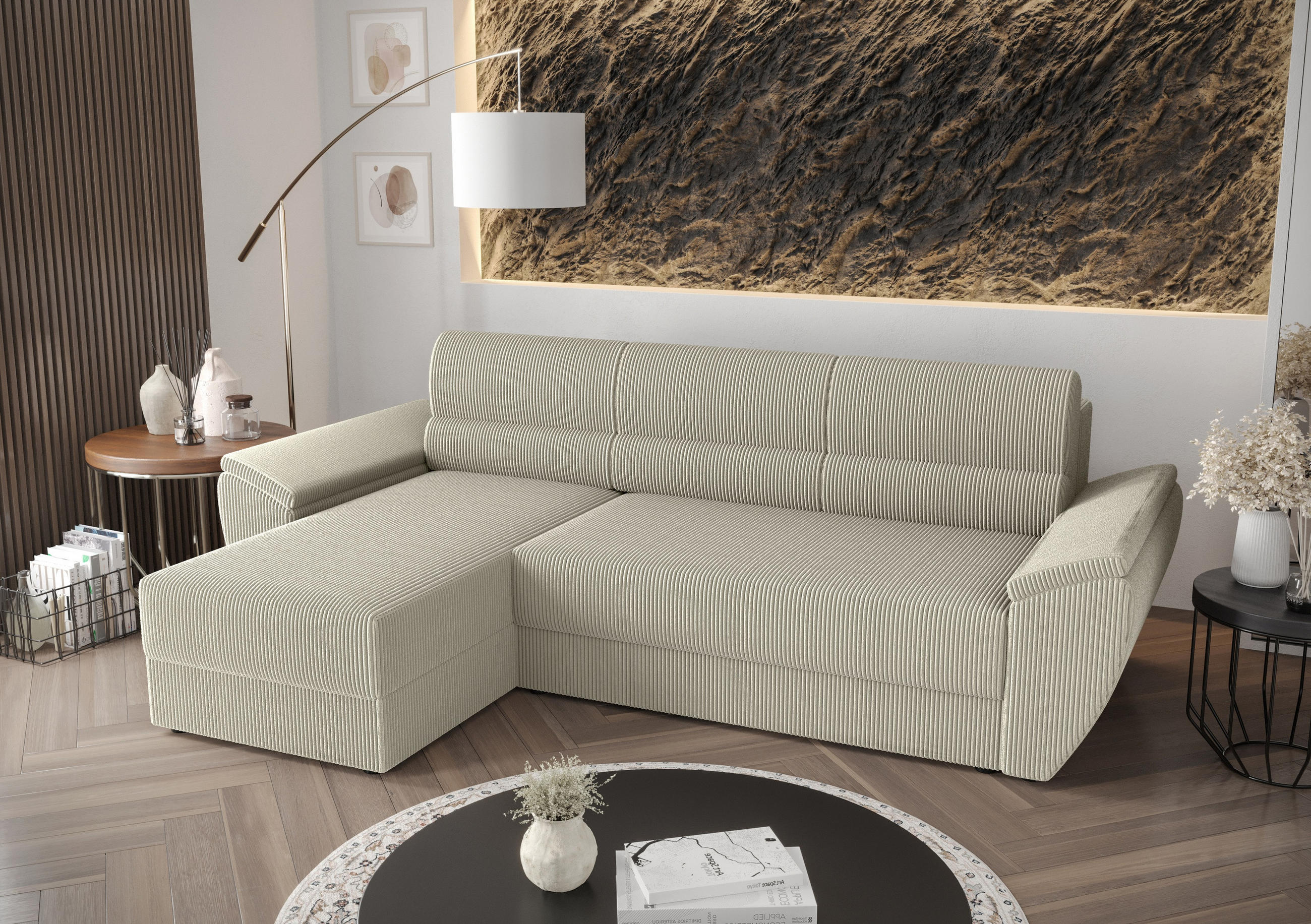 ECKSOFA L REBI L2 Poso 100 Links mit Schlaffunktion, Beige, L-Form - Beige, Textil (251/140cm)