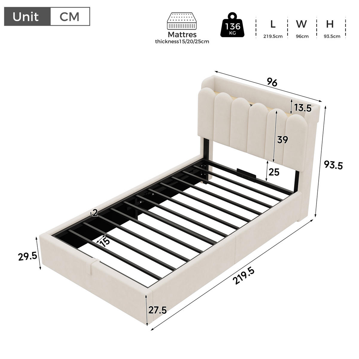 POLSTERBETT 90/200 cm in Beige mit Bettkasten, USB, Type-C und Leselampe aus Samt im Kopfteil - Beige, Holzwerkstoff/Textil (90/200cm) - STILVORA