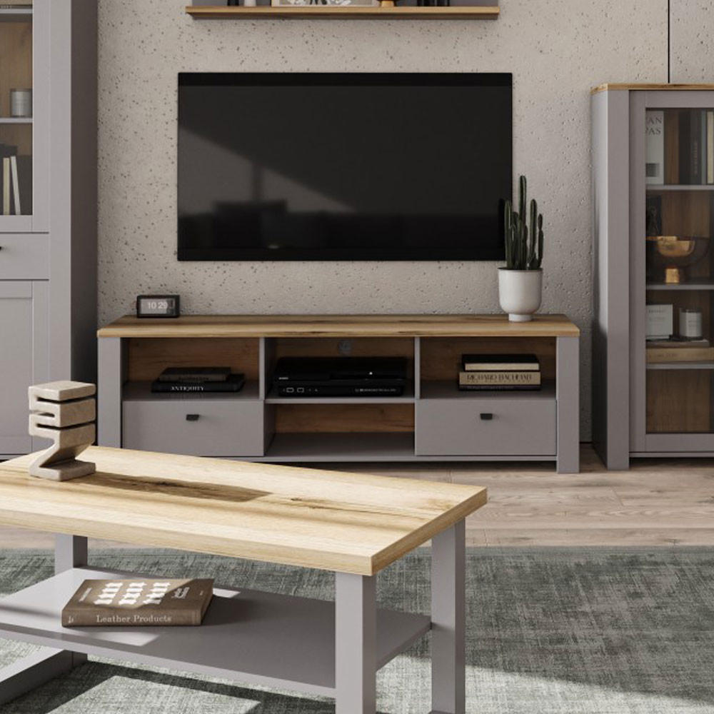 Thumbnail - Feldmann-Wohnen Lowboard, Grau, Eiche, Holz, 4 Fächer, 2 Schubladen, Rechteckig, 165x50x57 cm, Wohnzimmer, Wohnwände, Lo...