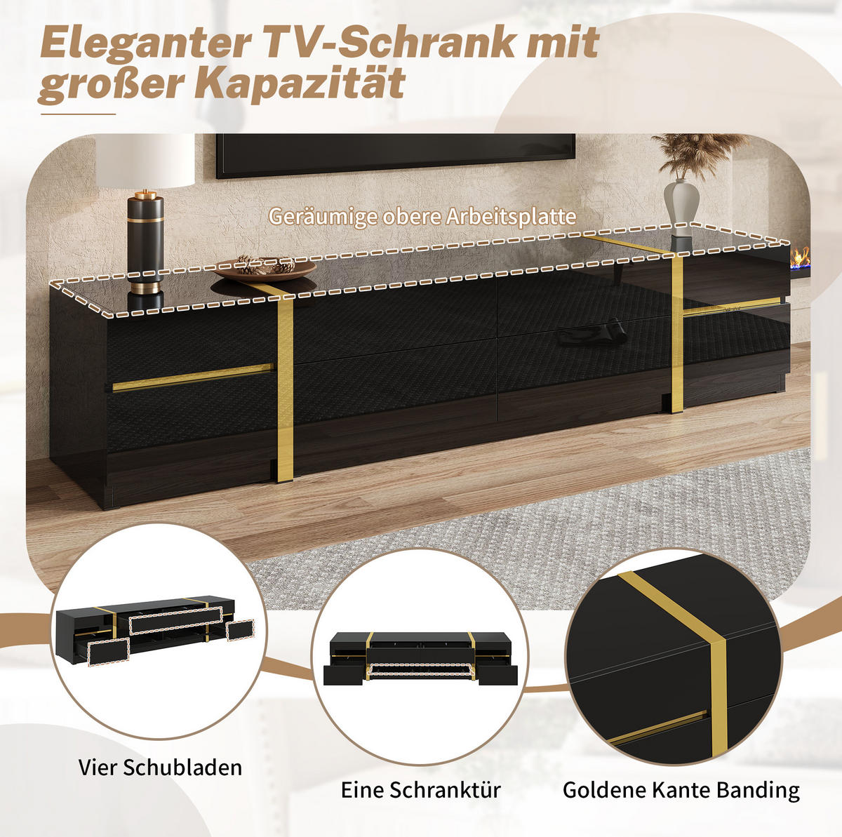 TV-LOWBOARD aus MDF und Spanplatte 180x40x38 cm Schwarz mit Hochglanzfront, 4 Schubladen und 2 Türen - Schwarz, Holzwerkstoff (180/38/40cm) - IVMEU