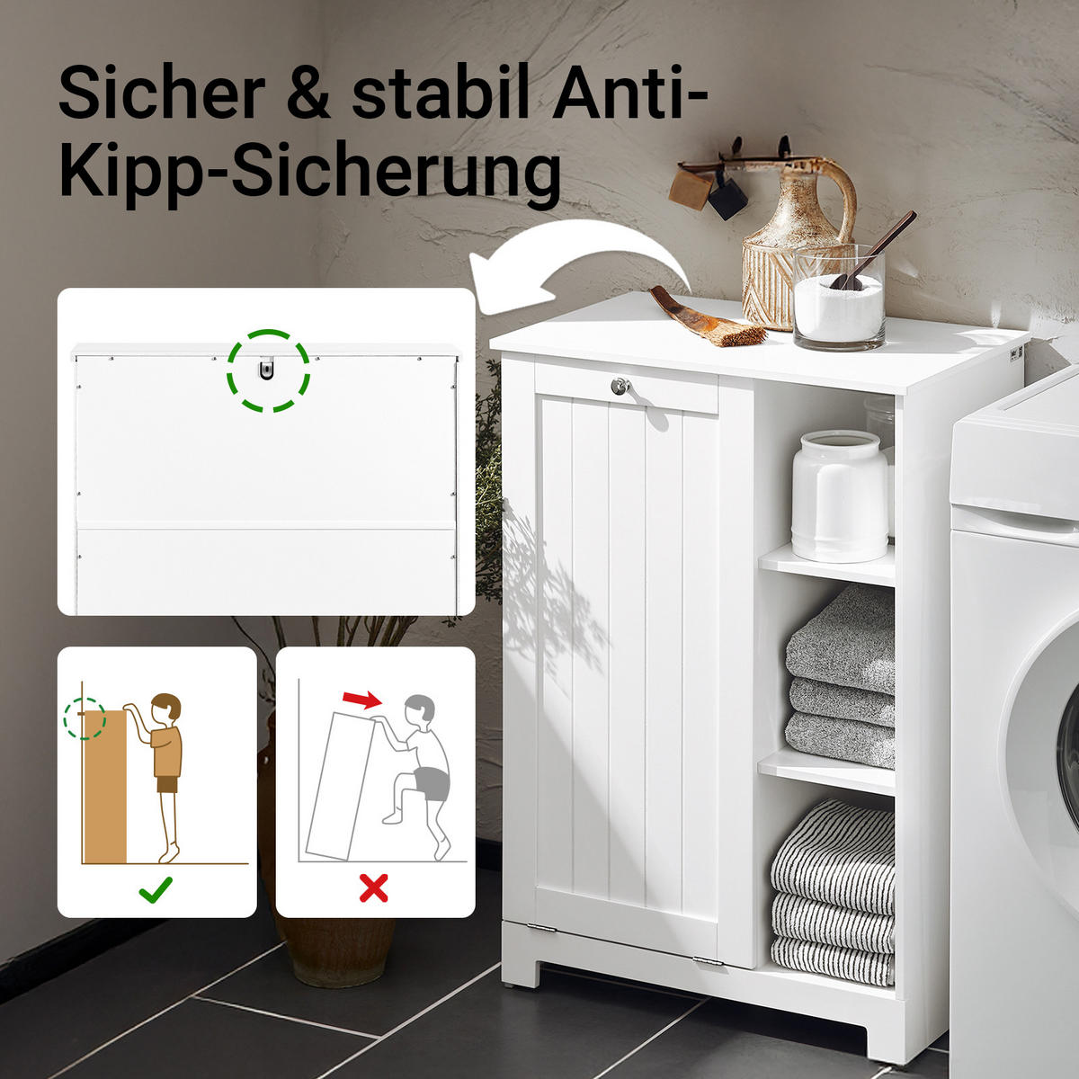 BADSCHRANK mit Wäschekorb, 60x86x37 cm, weiß, herausnehmbarer Korb, 3 offene Fächer, Bad & Waschküche - Weiß, Holzwerkstoff (60/86/37cm) - SoBuy
