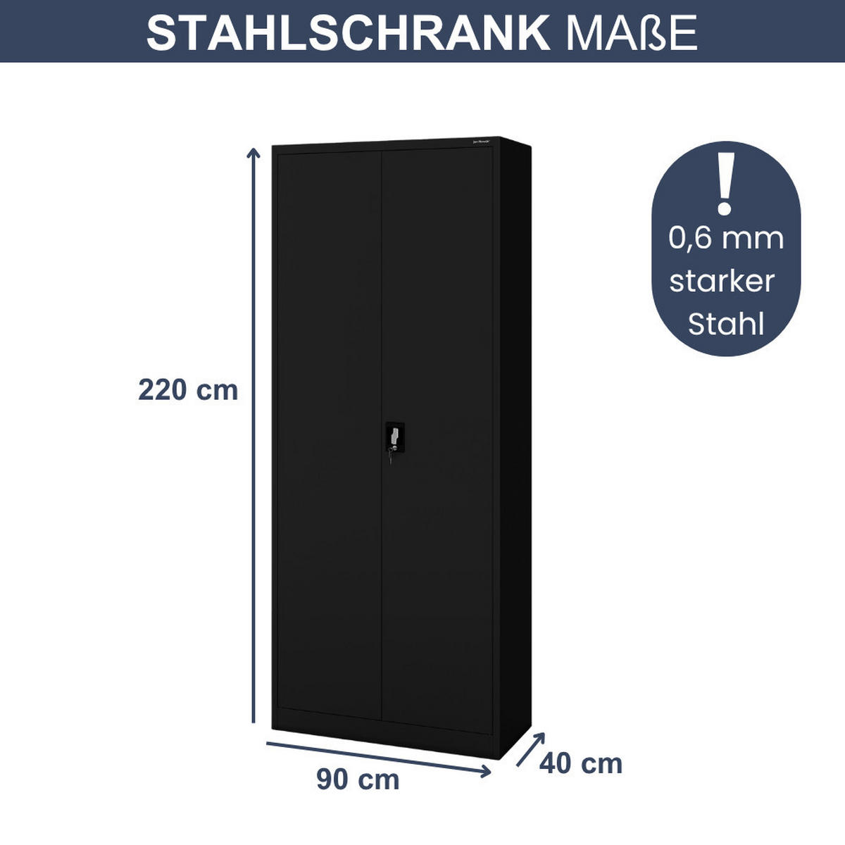 AKTENSCHRANK abschließbar KADO Flügeltüren 220x90x40cm Schwarz - Schwarz, Metall (90/220/40cm) - DELUKE
