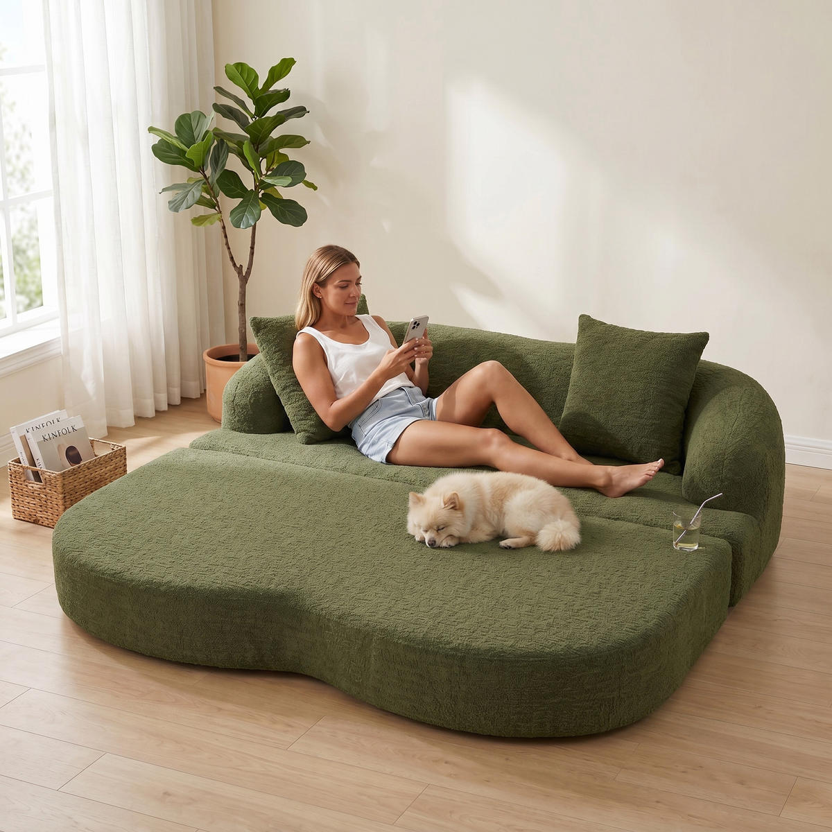 SCHLAFSOFA, 2 Sitzer aus Chenille, Klappsofa Bodensofa mit Schlaffunktion, Grün - Grün, Textil (157/44/153cm) - LVHOM
