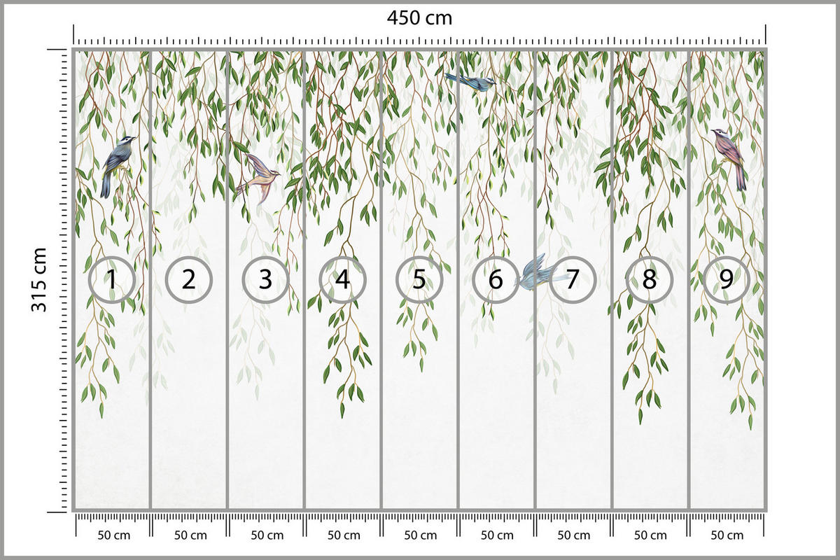 FOTOTAPETA Pre Spálňu Smútočná Vŕba Konáre Vtáky Jar Listy 450 x 315 cm - hnedá/modrá, papier (450/315cm) - Muralo